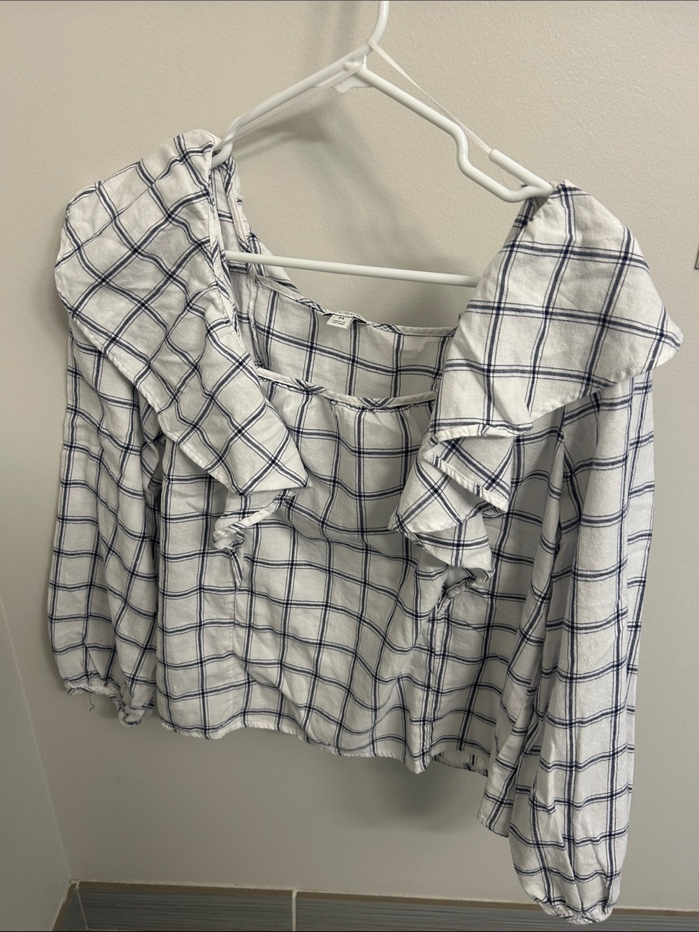 Ruffled Plaid Peasant Blouse - White with Navy Grid